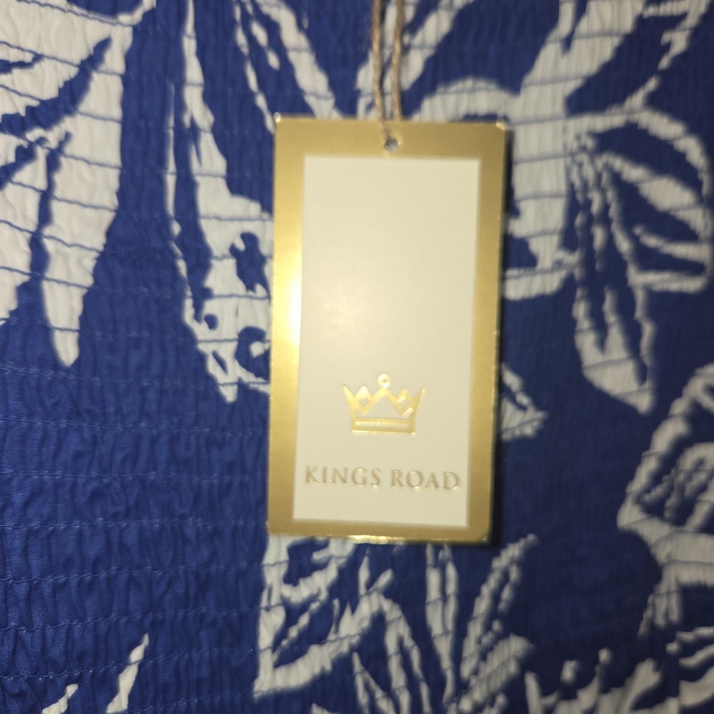 NWT Chic Blue and White Leaf Pattern Hawaiian Style Maxi Dress. Size S. KKCP - Picture 8 of 14